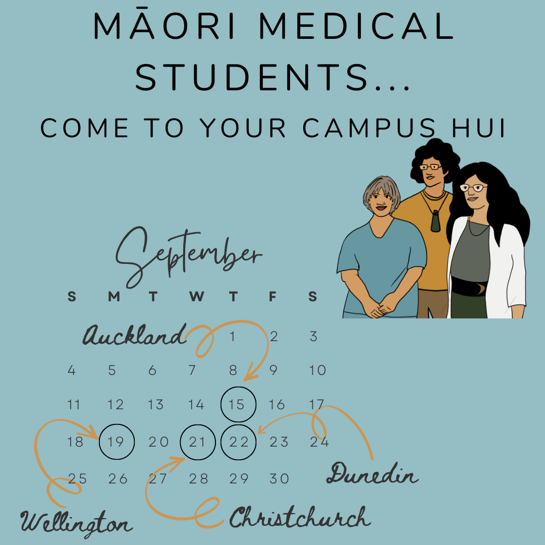 drawn image of three Māori medical practitioners next to a calendar with dates circled for when campus hui are happening
